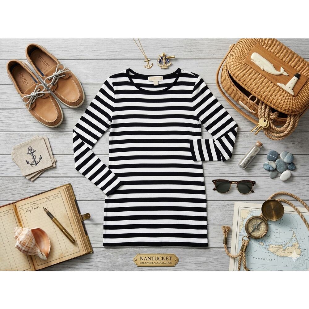 Michael Kors Black and White Striped Long Sleeve TShirt Dress M Coastal Nautical